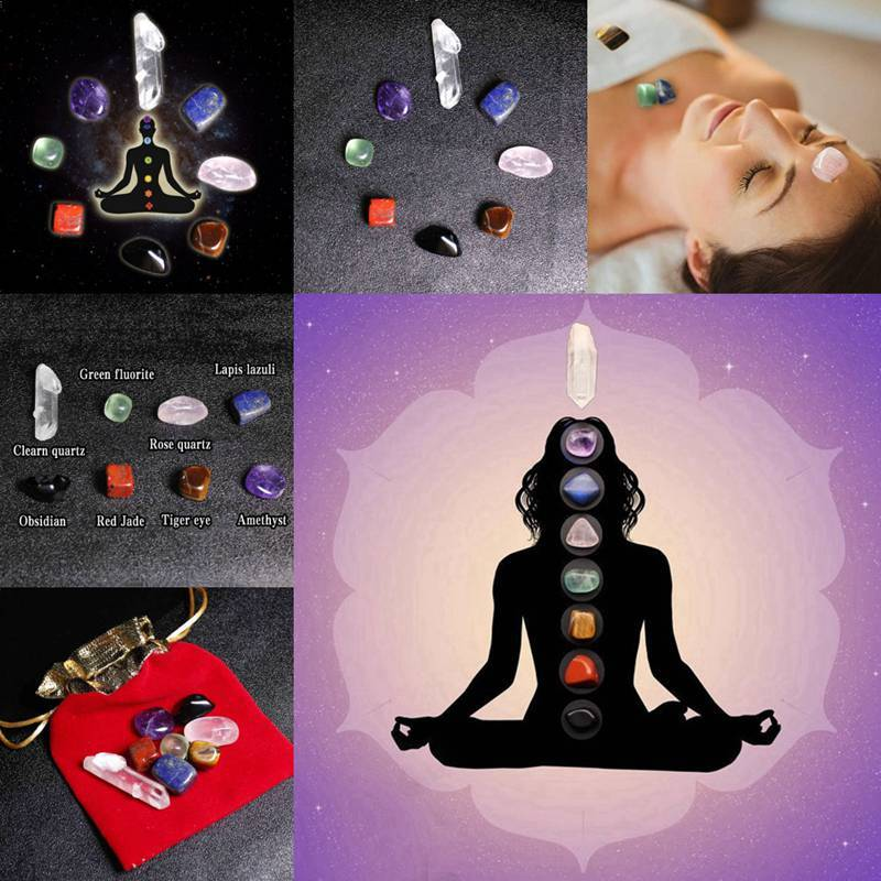 5Pcs 7 Chakra Healing Balance Crystal Raw Natural Quartz Tumbled Stones W/ Pouch