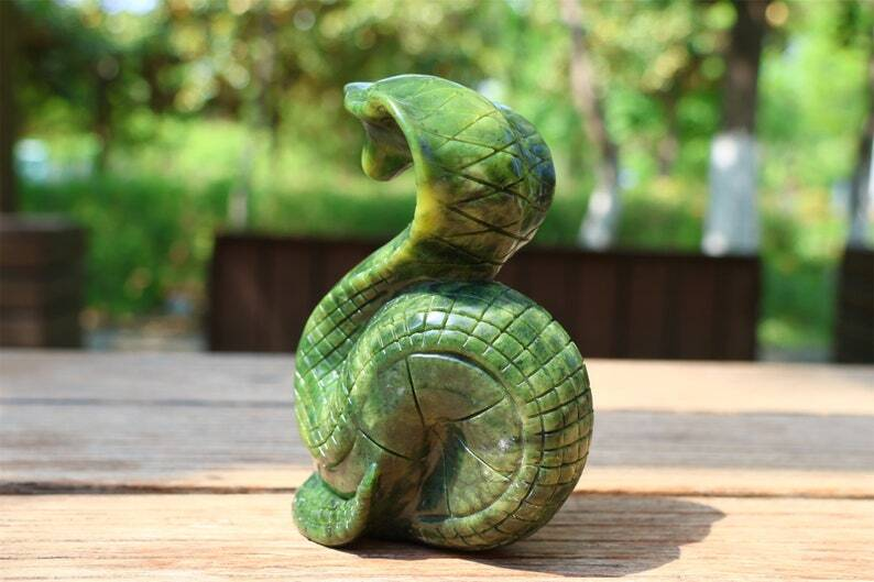 5.4" Natural Jade Carved Snake Crystal Skull Home Decor Reiki Figurine gift 1PC