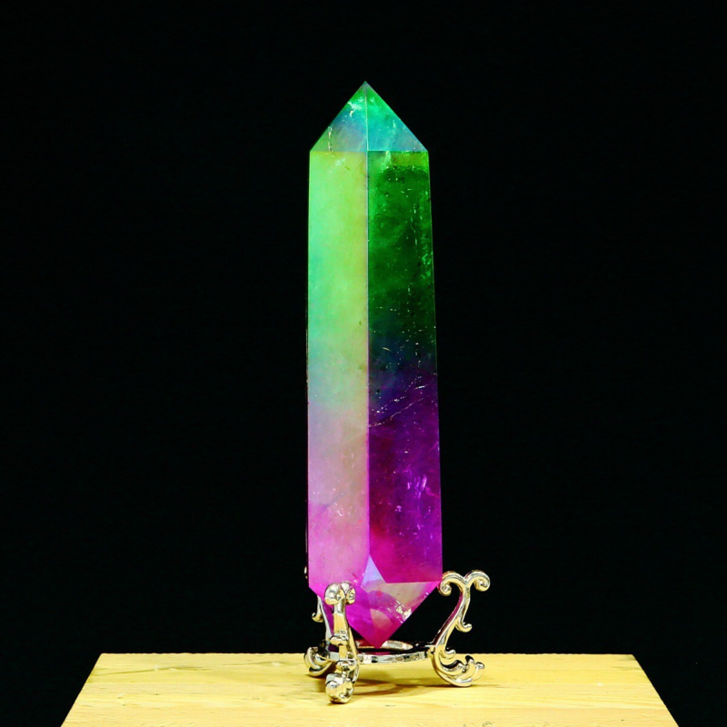 296g Natural Crystal Electroplated Rainbow Quartz Tower Double Wand Point Reiki