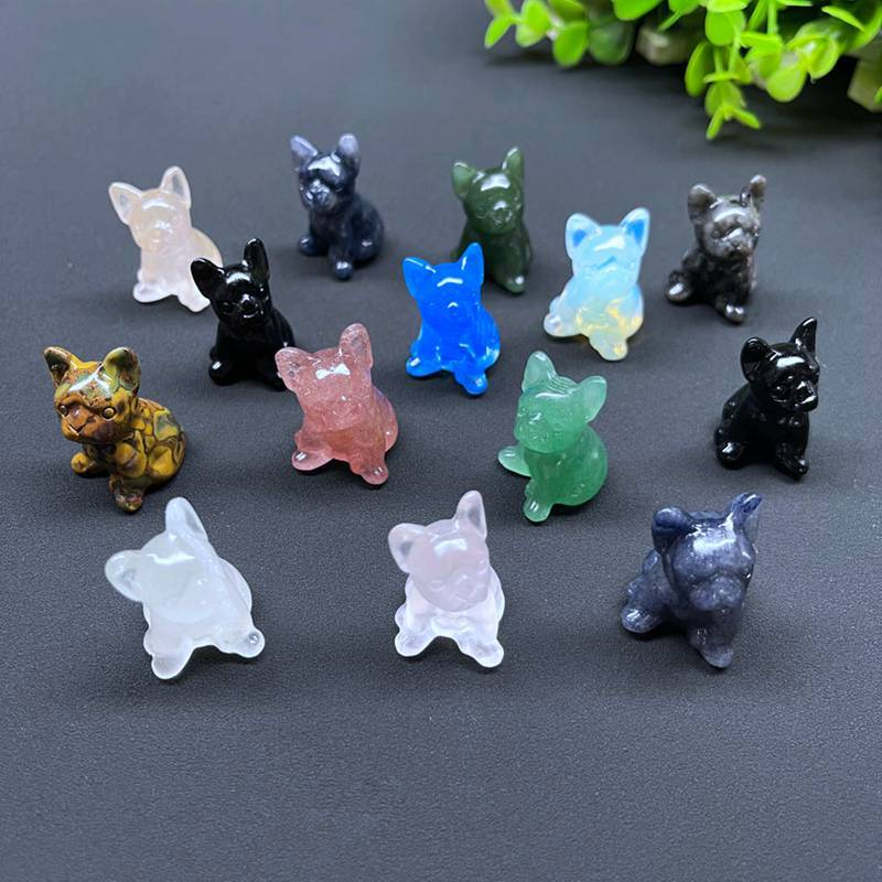 Natural Quartz Crystal Carved Rough Stone French Bulldog Healing Animal Decor