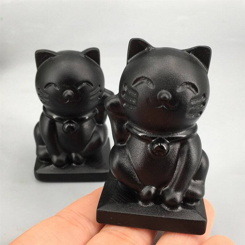 1pc Natural Obsidian Quartz Crystal Cat Hand Carved Animal Decoration Reiki Heal