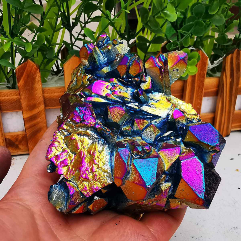 380gColor Flame Aura Electroplate Quartz Crystal Cluster Specimen Healing Stone