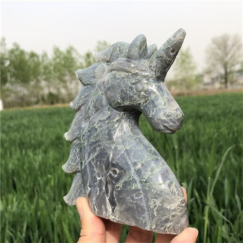 530g Natural Moss Agate Unicorn Carved Reiki Quartz Crystal Skull Figurines Crys