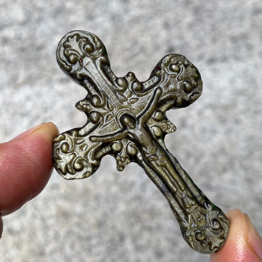 TOP Natural gold Obsidian Quartz cross crystal Hand Carved Healing 1PC