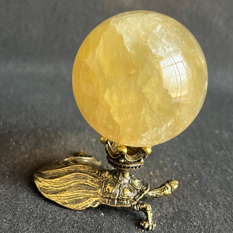 269G  Natural yellow fluorite quartz crystal ball sphere healing+stand