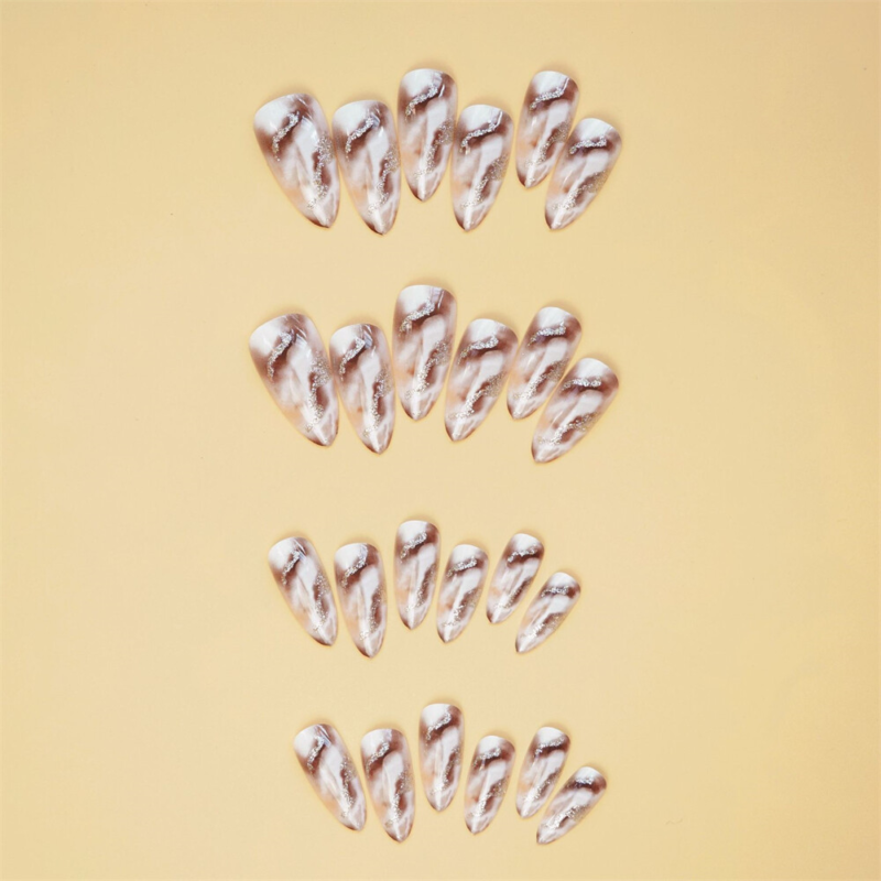 Almond Short False Nail Blooming Gold Glitter Press on Nails for Nail Art 24pcs