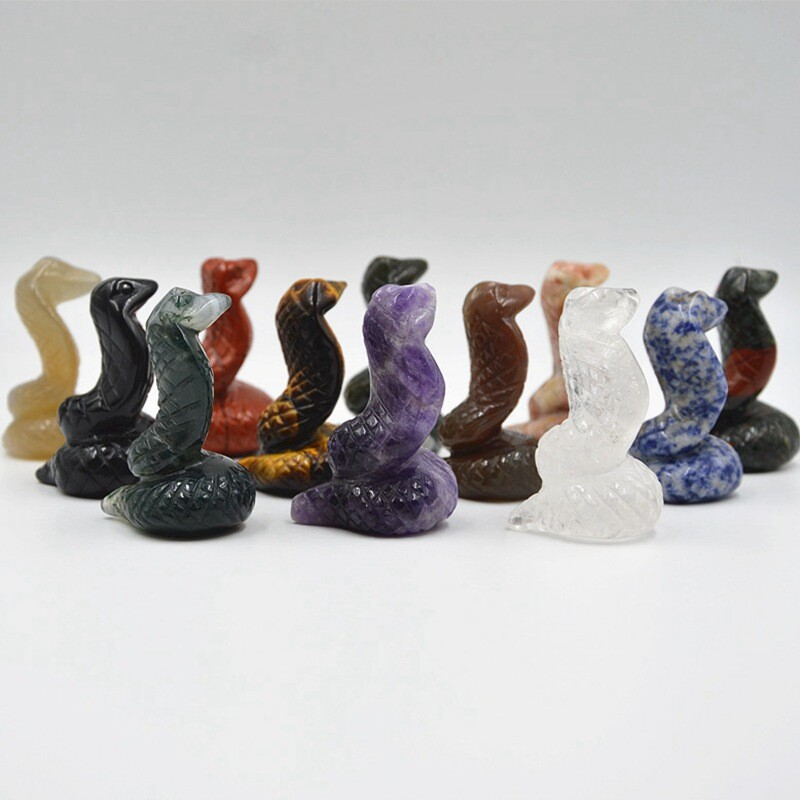 Natural Quartz Crystal Skull Carved Snake Healing Stone Viper Cobra Animal Decor