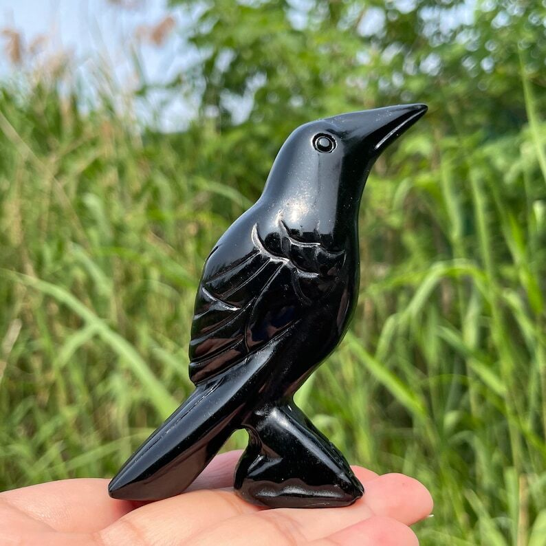 Natural Obsidian Crow Hand Carved Bird Crystal Animal Decoration Reiki Heal Gift