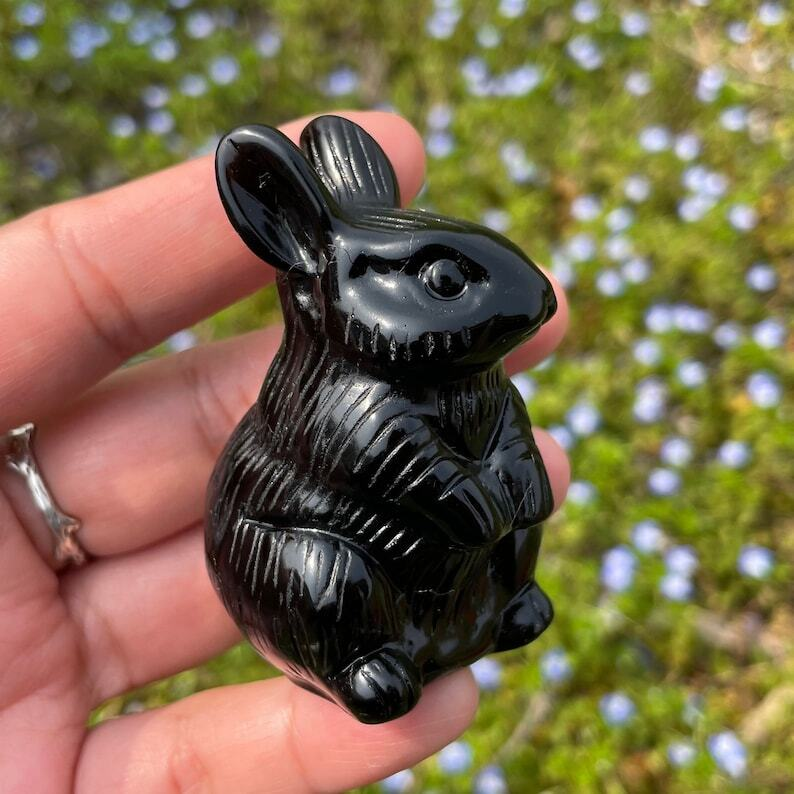 Natural Obsidian Rabbit Polishing Carved Crystal Animal Decoration Reiki Heal