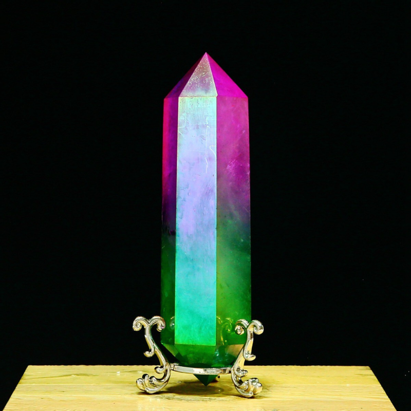 254g Natural Crystal Electroplated Rainbow Quartz Tower Double Wand Point Reiki