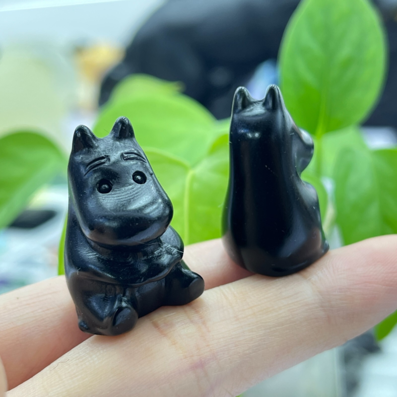 2pc Natural obsidian mini hippo carved quartz crystal animal skull reiki gift