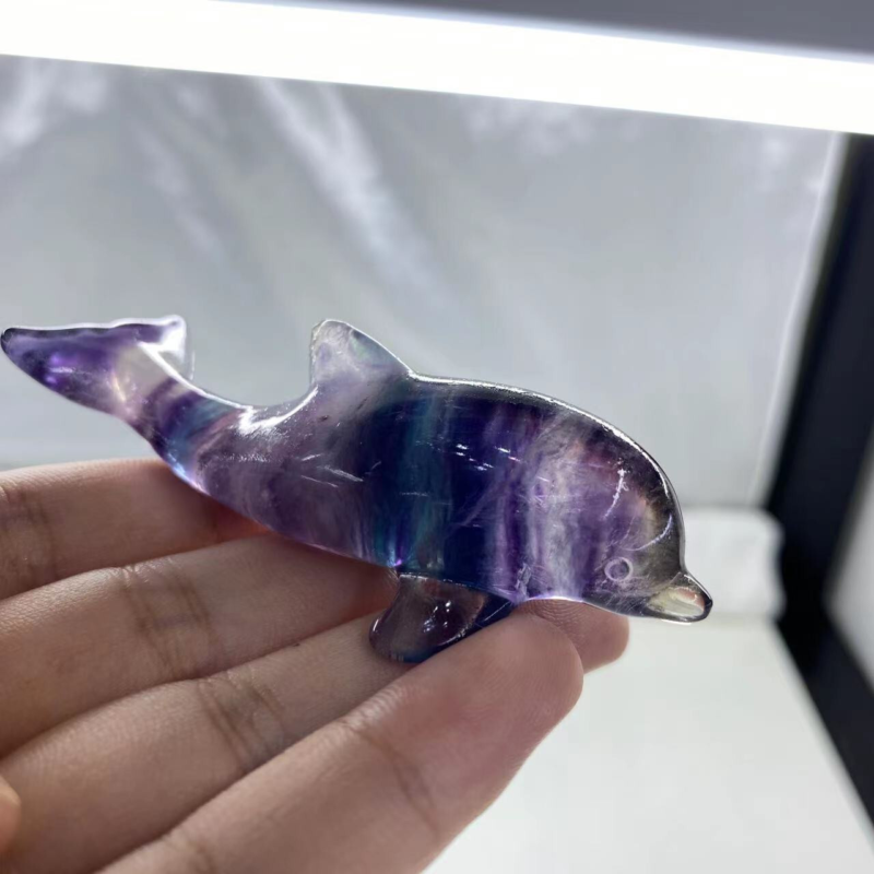 1PC Natural Fluorite Quartz Carved Crystal dolphin Skull Healing Reiki Gem Gift