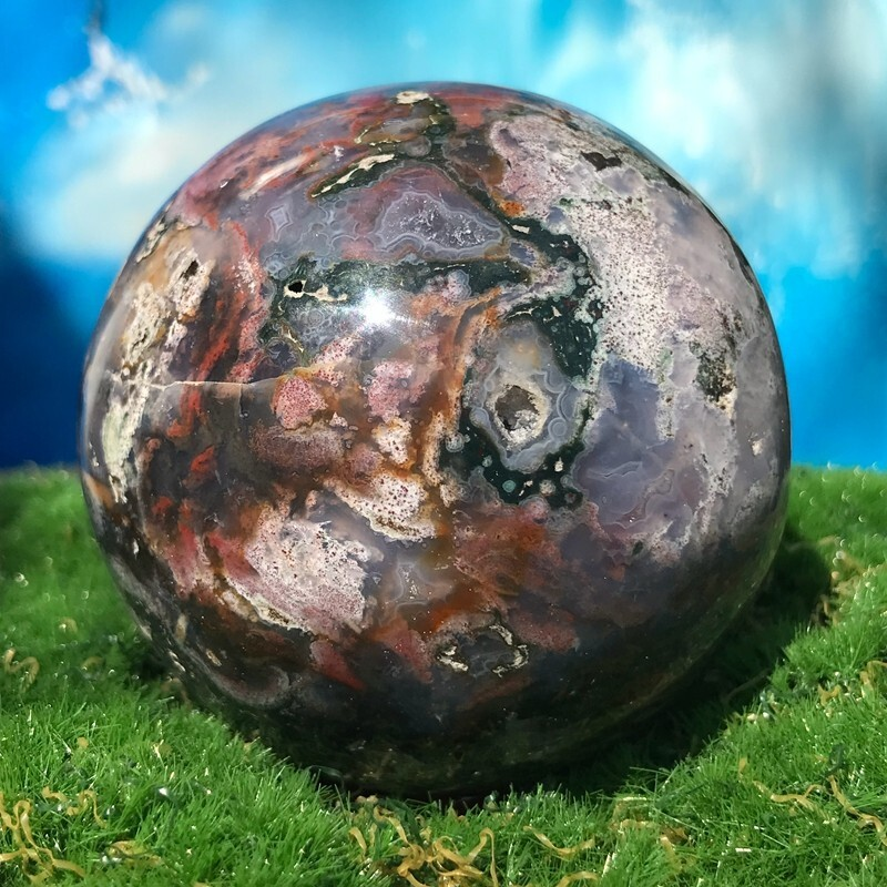 373GNatural Marine Jasper Quartz Ball Crystal Ball Mineral Specimen Restoration