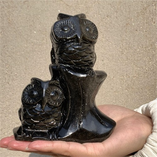 670g Natural carved Gold obsidian owl Reiki crystal skull decor crystal gift