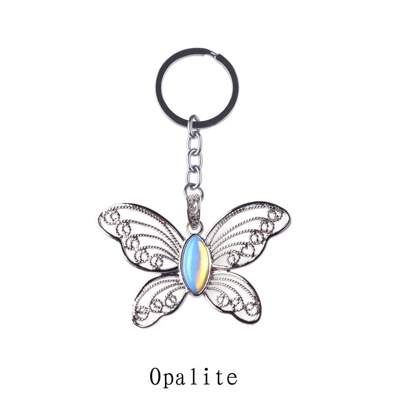 Healing Natural Stone Stainless Steel Butterfly Pendant Keychain for Women Men