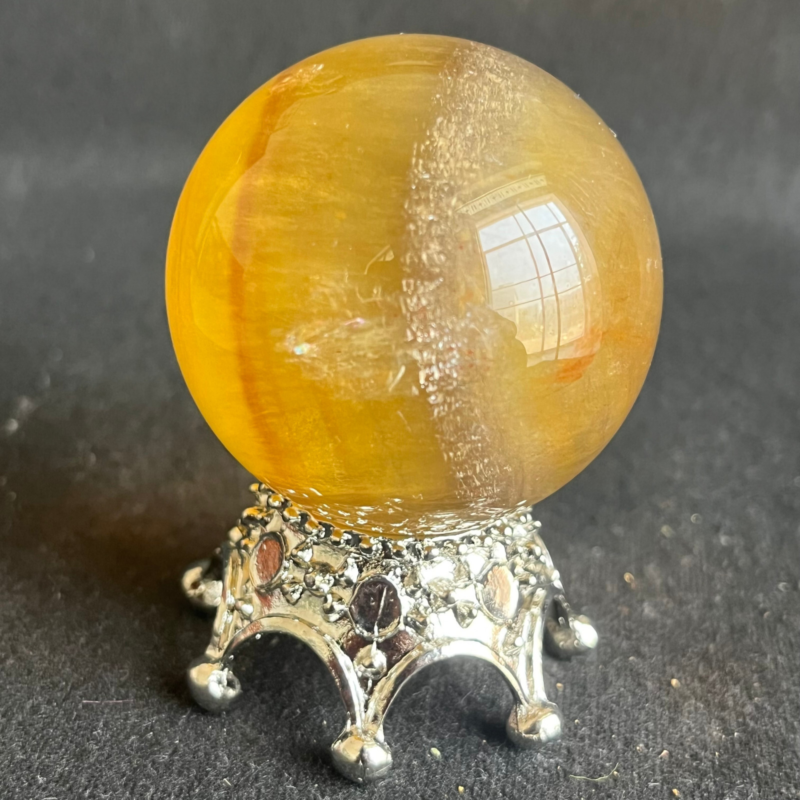 209G  Natural yellow fluorite quartz crystal ball sphere healing+stand