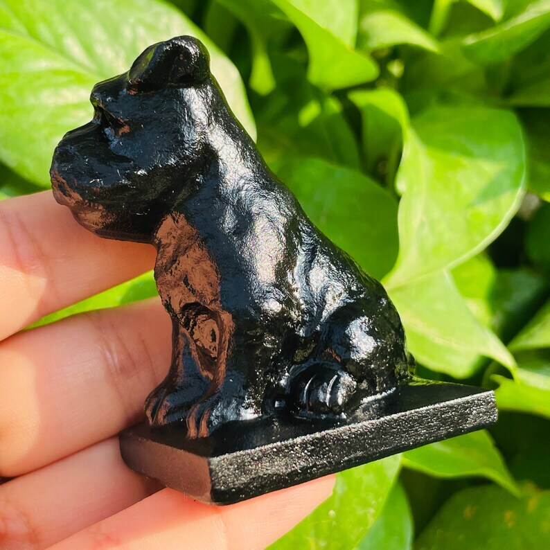 1pc Natural Obsidian Schnauzer Hand Carved Crystal Animal Decoration Reiki Heal