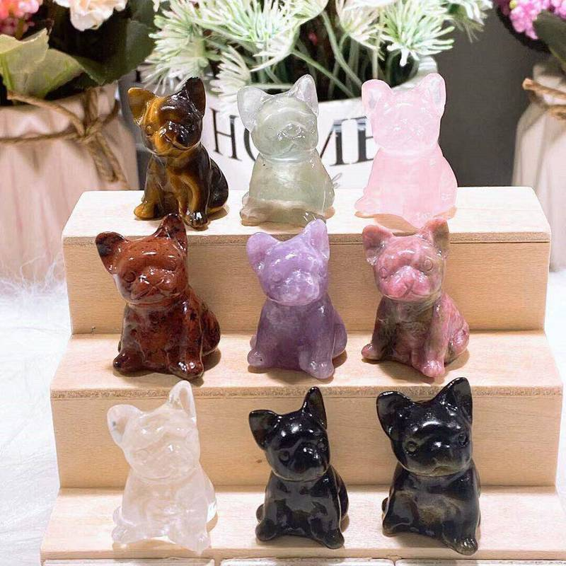 Natural Quartz Crystal Carved Rough Stone French Bulldog Healing Animal Decor