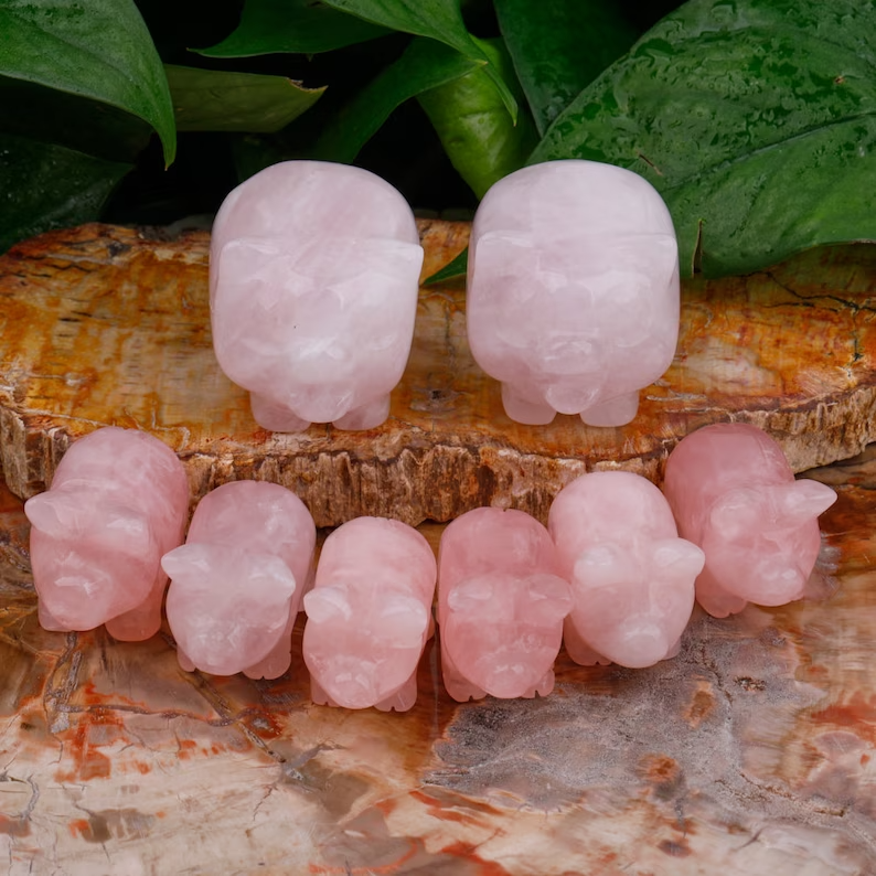 1Pc Rose Quartz Pig Skull Crystal Animal Hand Carved Statute Healing Rocks Decor