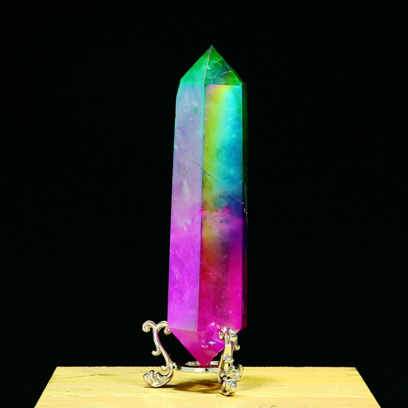 296g Natural Crystal Electroplated Rainbow Quartz Tower Double Wand Point Reiki