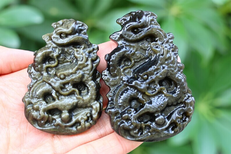 2.3" Natural Carved Gold Obsidian Dragon Reiki Crystal Skull Decor gift 1PC