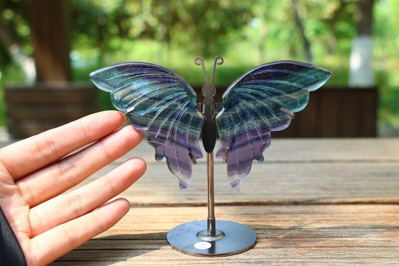 5.2'' A pair Natural Fluorite Butterfly Wing Reiki Crystal Skull Decor + Stand