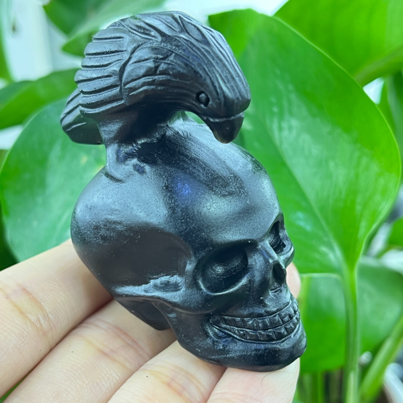1pc Natural obsidian Crow handcarved quartz crystal bird animal skull Reiki 2"