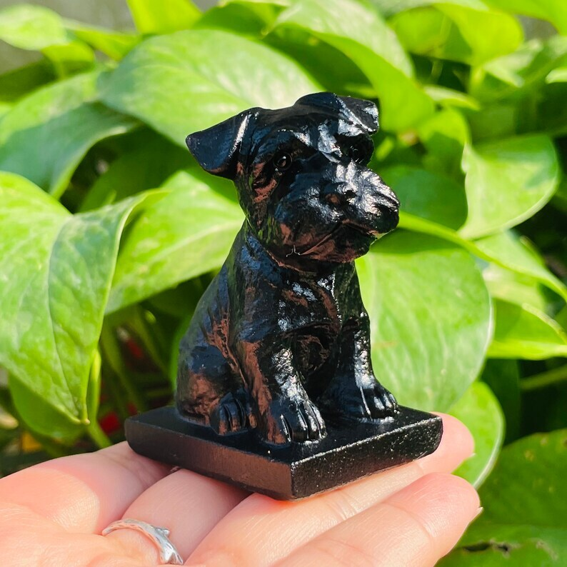 1pc Natural Obsidian Schnauzer Hand Carved Crystal Animal Decoration Reiki Heal