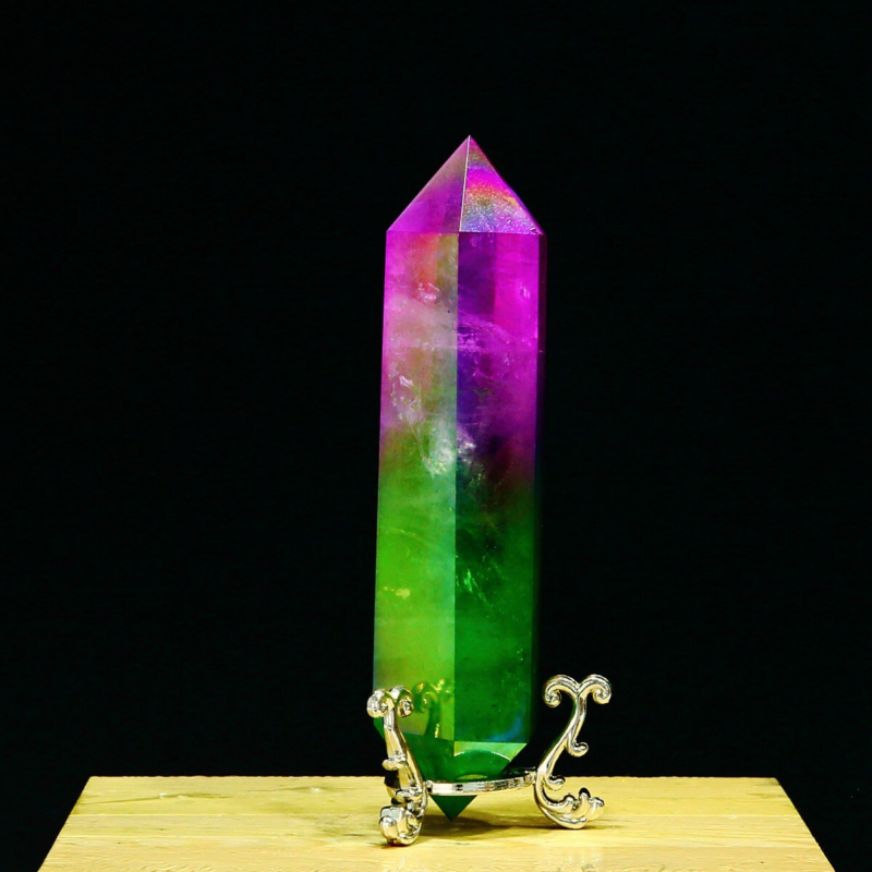 243g Natural Crystal Electroplated Rainbow Quartz Tower Double Wand Point Reiki