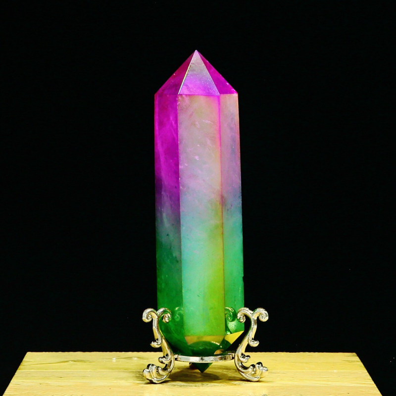 254g Natural Crystal Electroplated Rainbow Quartz Tower Double Wand Point Reiki