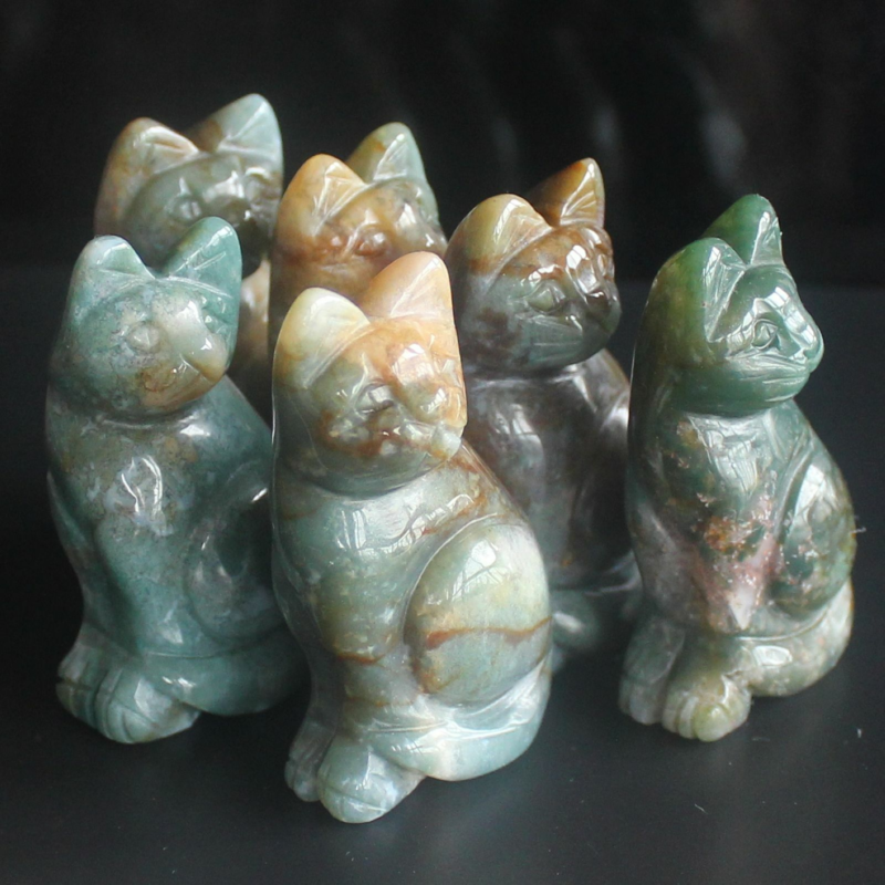 Carved mixed gemstone quartz crystal cat figurine animal carving home decor 2''