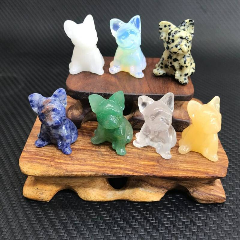 Natural Quartz Crystal Carved Rough Stone French Bulldog Healing Animal Decor