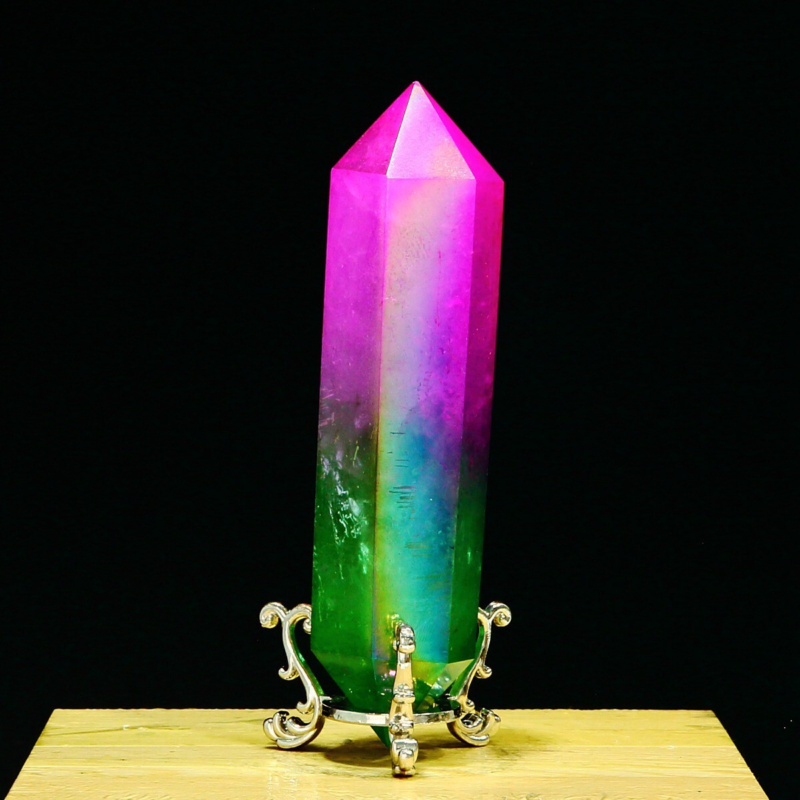 278g Natural Crystal Electroplated Rainbow Quartz Tower Double Wand Point Reiki