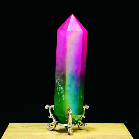 278g Natural Crystal Electroplated Rainbow Quartz Tower Double Wand Point Reiki