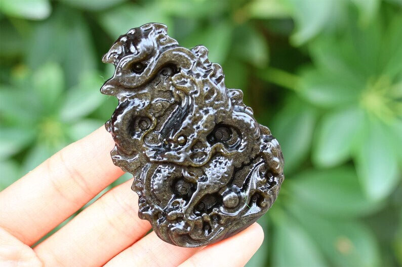 2.3" Natural Carved Gold Obsidian Dragon Reiki Crystal Skull Decor gift 1PC