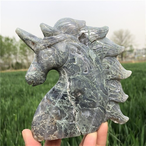 530g Natural Moss Agate Unicorn Carved Reiki Quartz Crystal Skull Figurines Crys