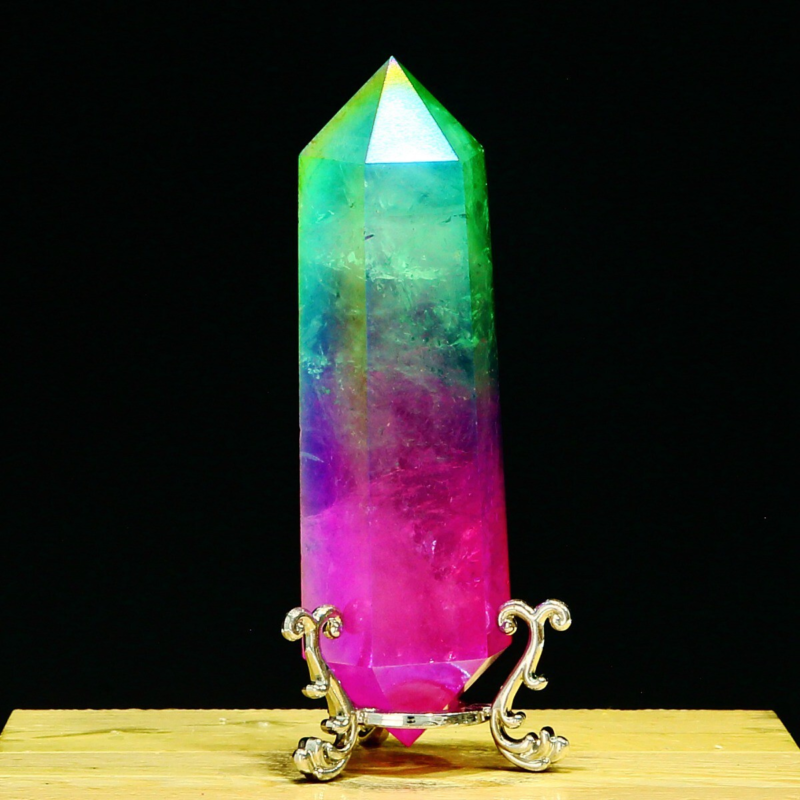 214g Natural Crystal Electroplated Rainbow Quartz Tower Double Wand Point Reiki