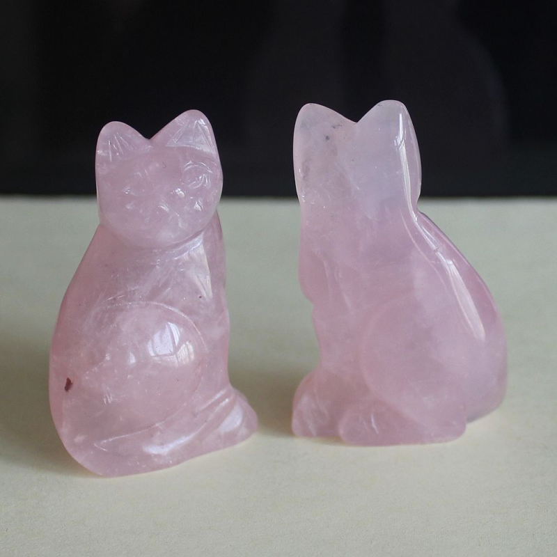 Carved gemstone crystal rose quartz cat figurine animal carving home decor 2''