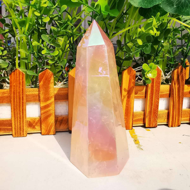 535g electroplated natural pink rose quartz obelisk rainbow crystal point reiki