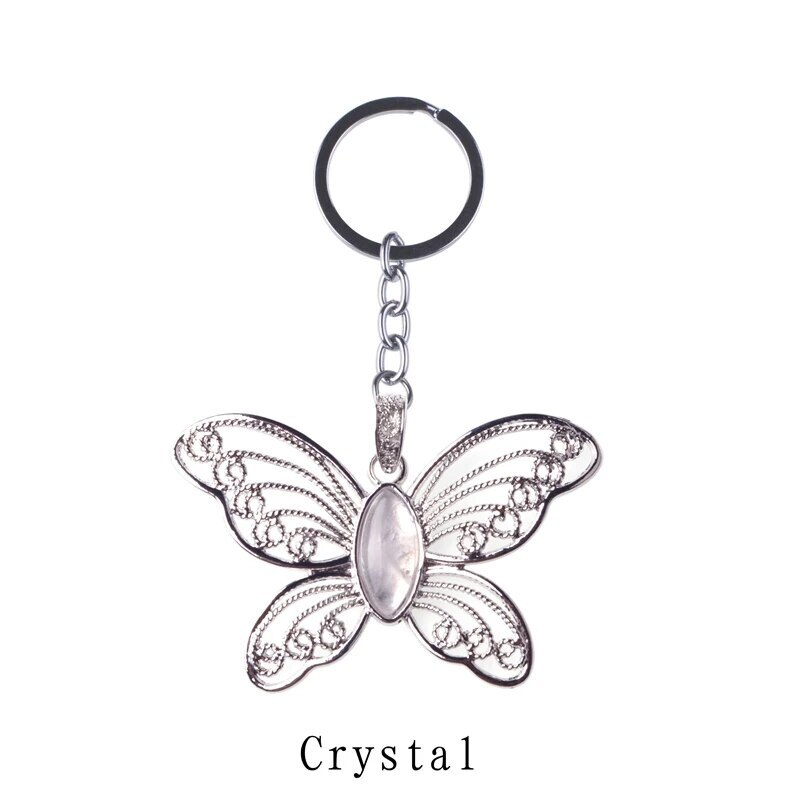 Healing Natural Stone Stainless Steel Butterfly Pendant Keychain for Women Men