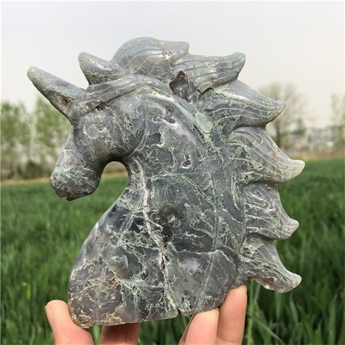 530g Natural Moss Agate Unicorn Carved Reiki Quartz Crystal Skull Figurines Crys