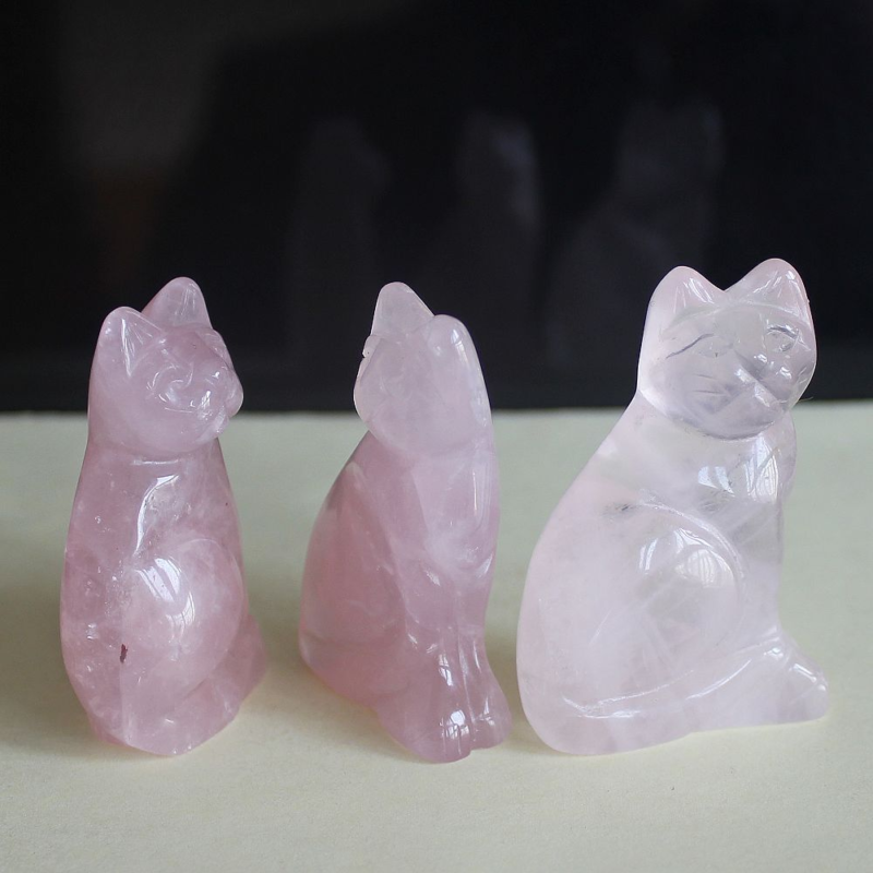 Carved gemstone crystal rose quartz cat figurine animal carving home decor 2''
