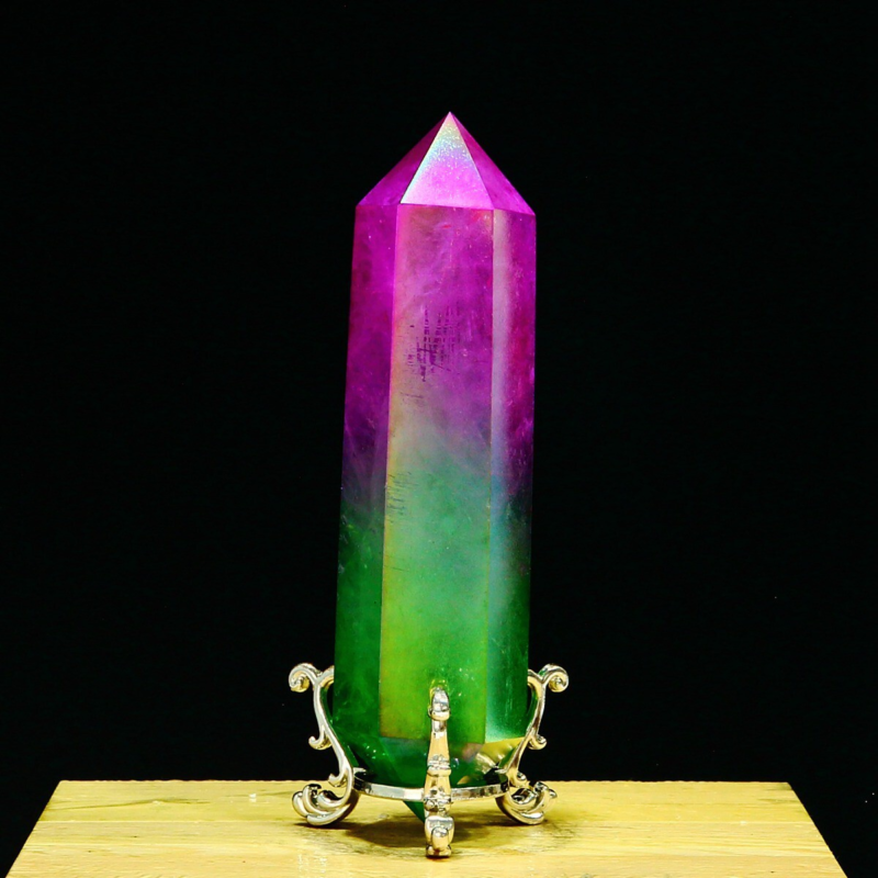 254g Natural Crystal Electroplated Rainbow Quartz Tower Double Wand Point Reiki