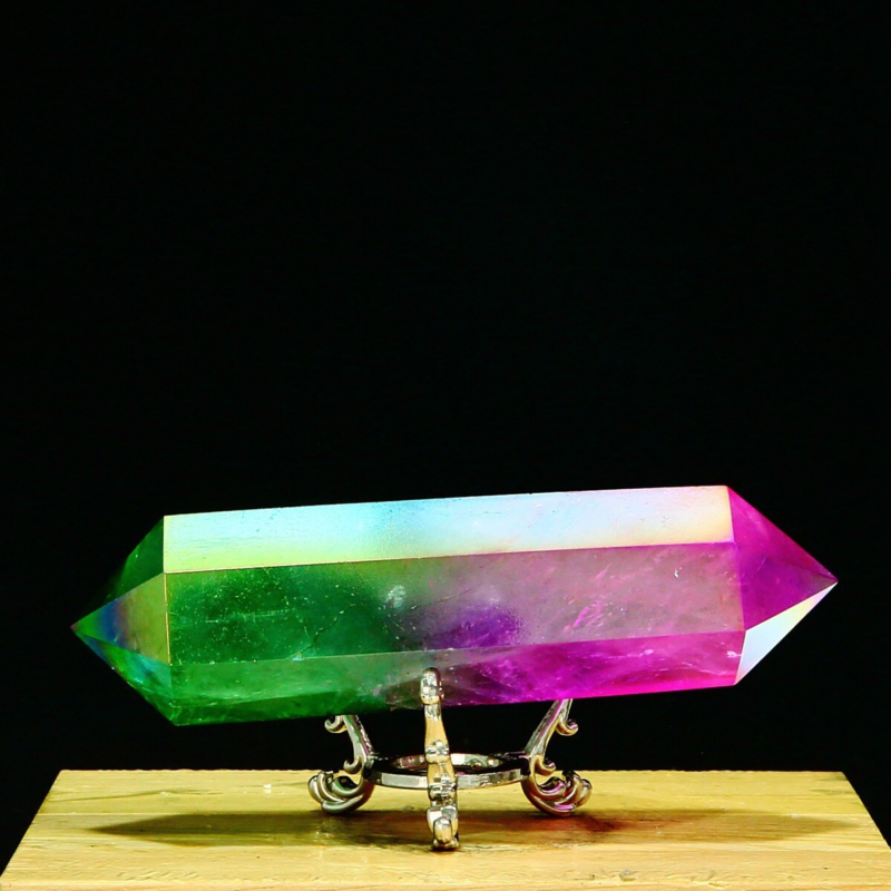 254g Natural Crystal Electroplated Rainbow Quartz Tower Double Wand Point Reiki