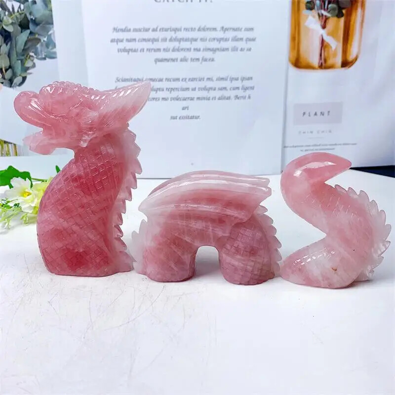 Natural Rose Quartz Swimming Dragon Crystal Handmade Carved Polished Animal