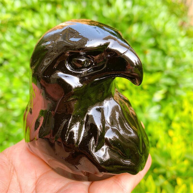 8cm Natural Crystal Quartz Black Obsidian Eagle Head Animal Carving Healing 1pc