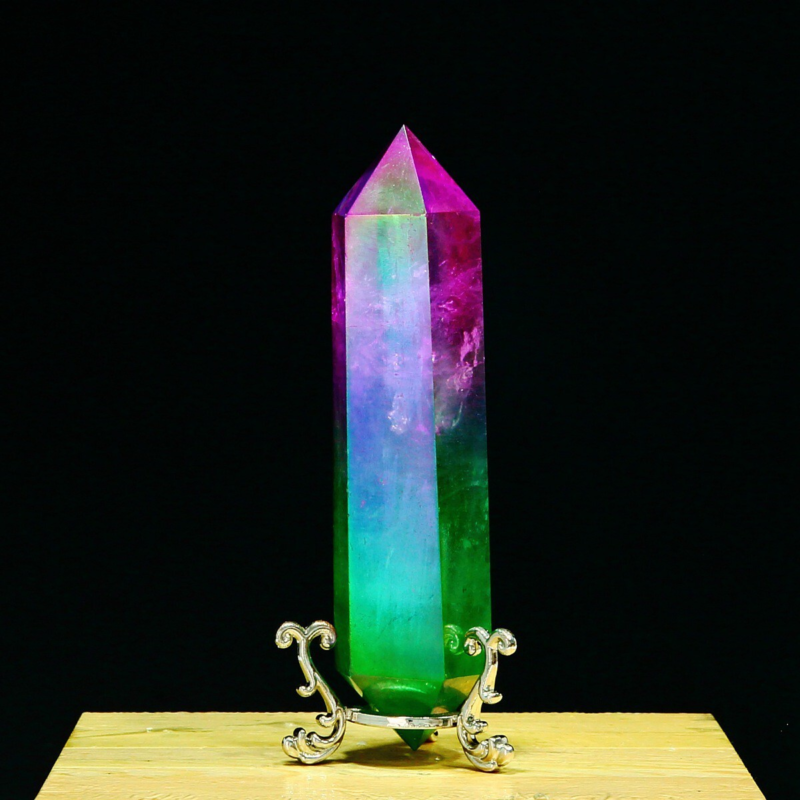 243g Natural Crystal Electroplated Rainbow Quartz Tower Double Wand Point Reiki