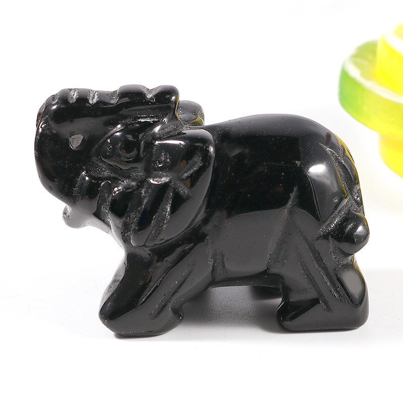 Natural Obsidian Quartz Crystal Carved Baby Elephant Polished Animal Ornaments