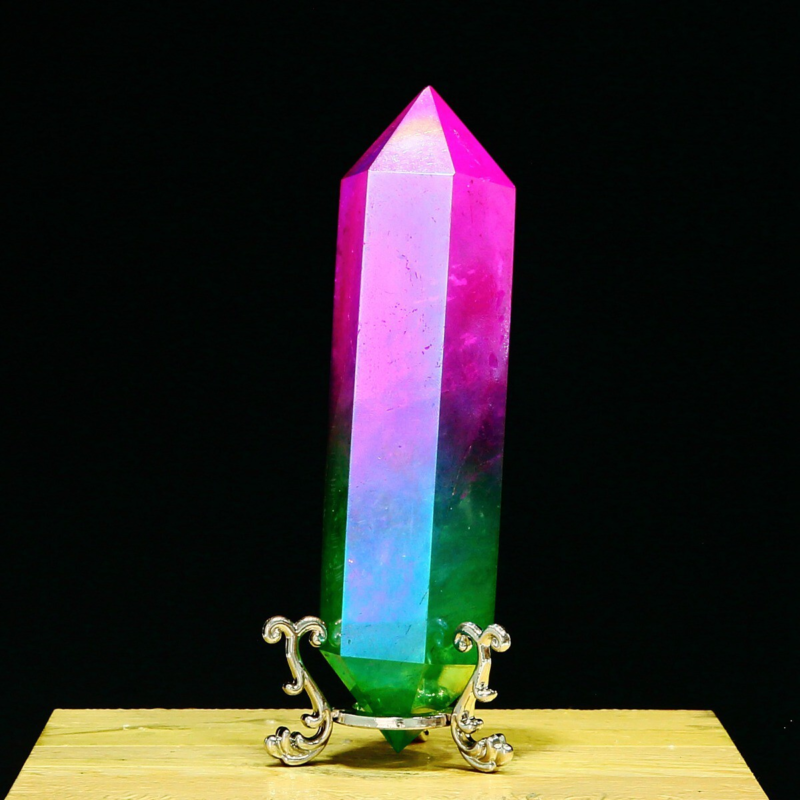 278g Natural Crystal Electroplated Rainbow Quartz Tower Double Wand Point Reiki