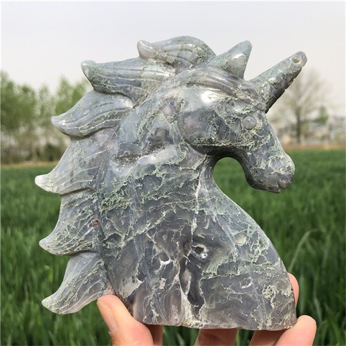 530g Natural Moss Agate Unicorn Carved Reiki Quartz Crystal Skull Figurines Crys